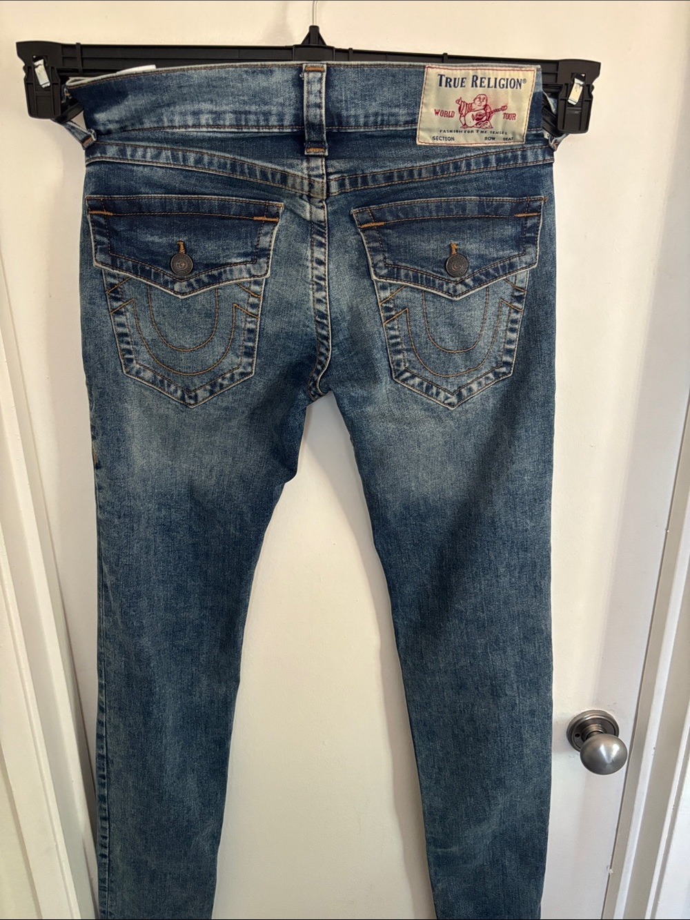 True Religion Men's Washed Blue Skinny Jeans with Signature Back Pockets